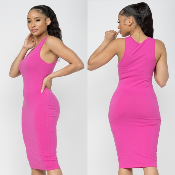 Fuchsia stretchy sleeveless midi dress - Picture 2 of 4